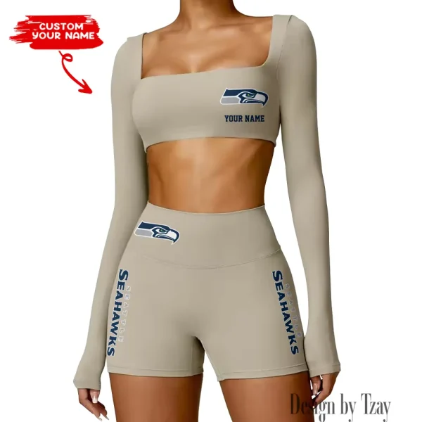 Seattle Seahawks Women's Active Wear Set Long Sleeves Crop Top And High Waist Shorts SPTWAWS029 - Image 4
