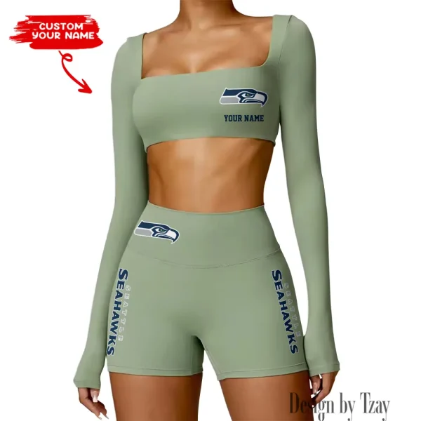 Seattle Seahawks Women's Active Wear Set Long Sleeves Crop Top And High Waist Shorts SPTWAWS029