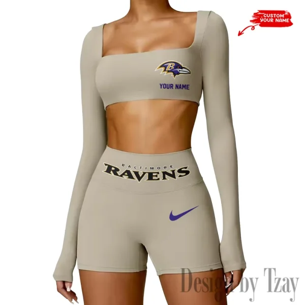 Baltimore Ravens Women's Active Wear Set Long Sleeves Crop Top And High Waist Shorts SPTWAWS035 - Image 4