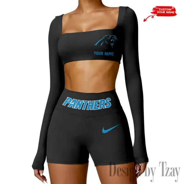 Carolina Panthers Women's Active Wear Set Long Sleeves Crop Top And High Waist Shorts SPTWAWS037