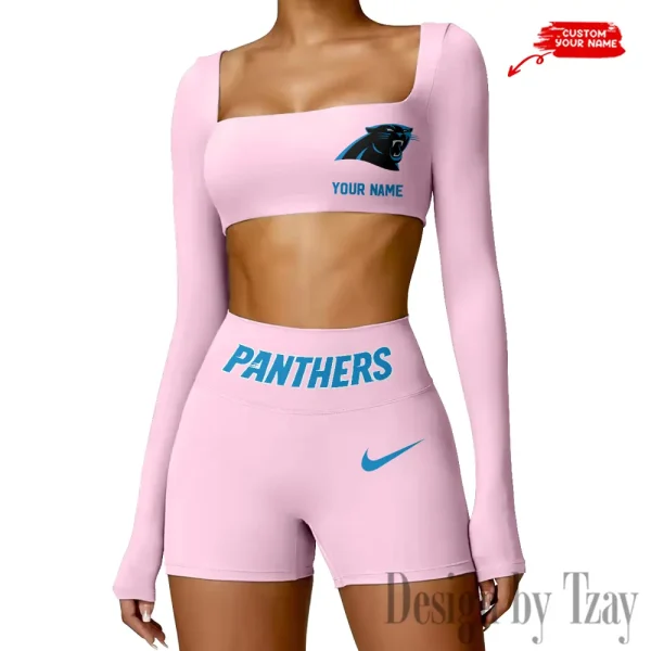 Carolina Panthers Women's Active Wear Set Long Sleeves Crop Top And High Waist Shorts SPTWAWS037 - Image 2
