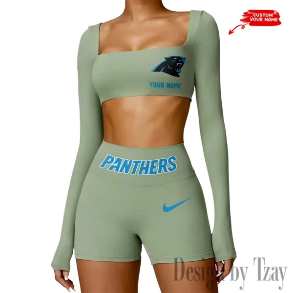 Carolina Panthers Women's Active Wear Set Long Sleeves Crop Top And High Waist Shorts SPTWAWS037 - Image 3