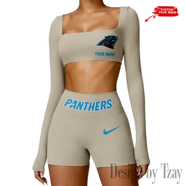Carolina Panthers Women's Active Wear Set Long Sleeves Crop Top And High Waist Shorts SPTWAWS037 - Image 4
