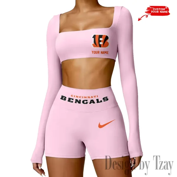Cincinnati Bengals Women's Active Wear Set Long Sleeves Crop Top And High Waist Shorts SPTWAWS039