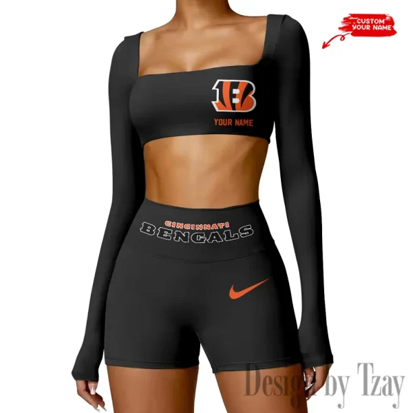 Cincinnati Bengals Women's Active Wear Set Long Sleeves Crop Top And High Waist Shorts SPTWAWS039 - Image 2