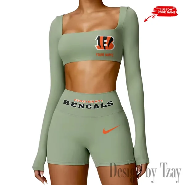 Cincinnati Bengals Women's Active Wear Set Long Sleeves Crop Top And High Waist Shorts SPTWAWS039 - Image 4