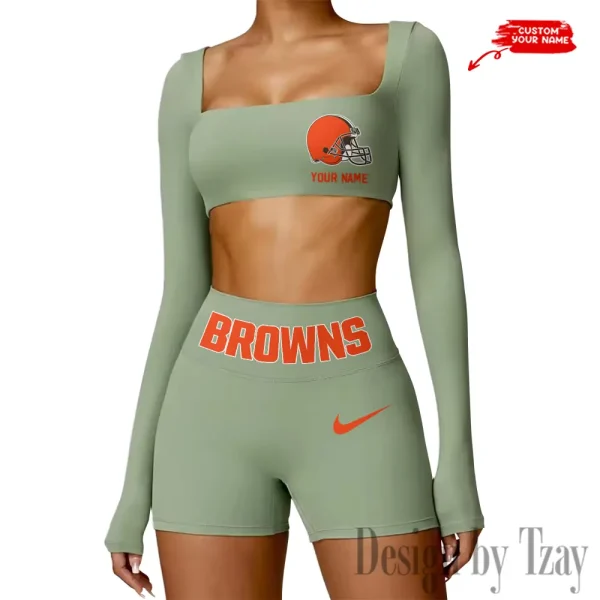 Cleveland Browns Women's Active Wear Set Long Sleeves Crop Top And High Waist Shorts SPTWAWS040 - Image 3