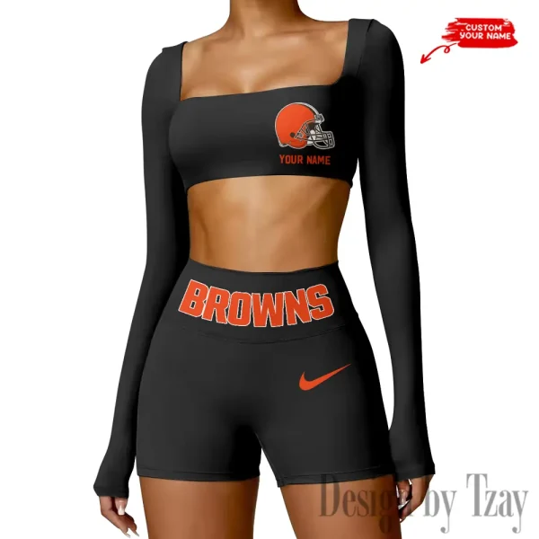 Cleveland Browns Women's Active Wear Set Long Sleeves Crop Top And High Waist Shorts SPTWAWS040 - Image 4