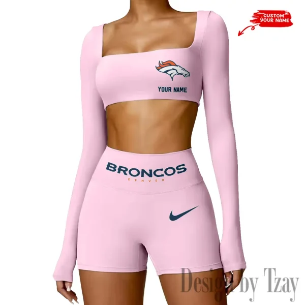 Denver Broncos Women's Active Wear Set Long Sleeves Crop Top And High Waist Shorts SPTWAWS042