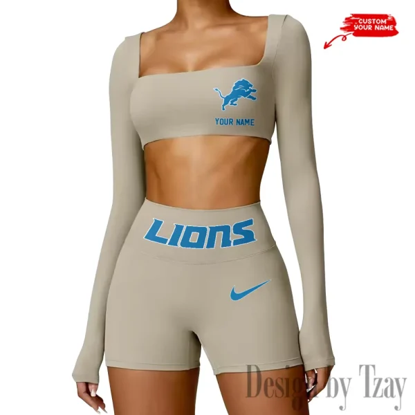 Detroit Lions Women's Active Wear Set Long Sleeves Crop Top And High Waist Shorts SPTWAWS043 - Image 2