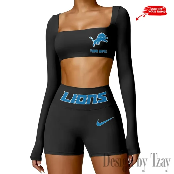 Detroit Lions Women's Active Wear Set Long Sleeves Crop Top And High Waist Shorts SPTWAWS043 - Image 3