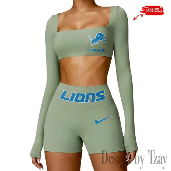 Detroit Lions Women's Active Wear Set Long Sleeves Crop Top And High Waist Shorts SPTWAWS043 - Image 4