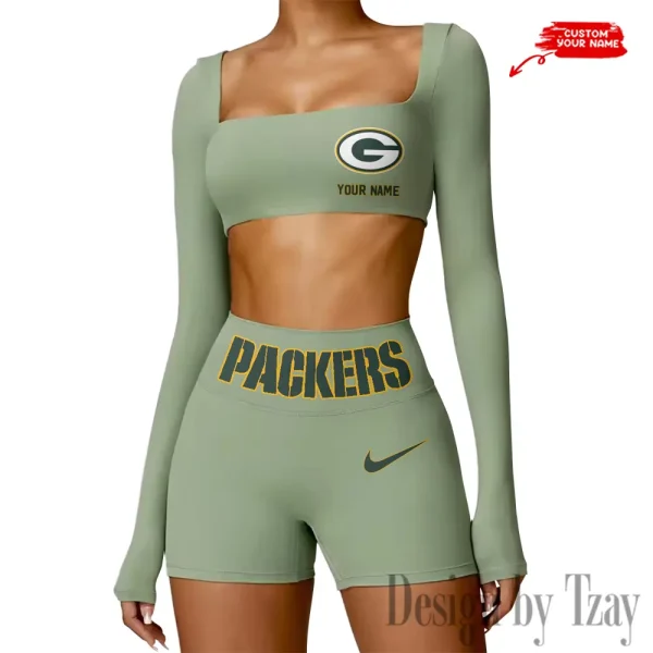 Green Bay Packers Women's Active Wear Set Long Sleeves Crop Top And High Waist Shorts SPTWAWS044