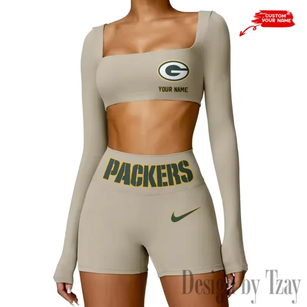 Green Bay Packers Women's Active Wear Set Long Sleeves Crop Top And High Waist Shorts SPTWAWS044 - Image 2