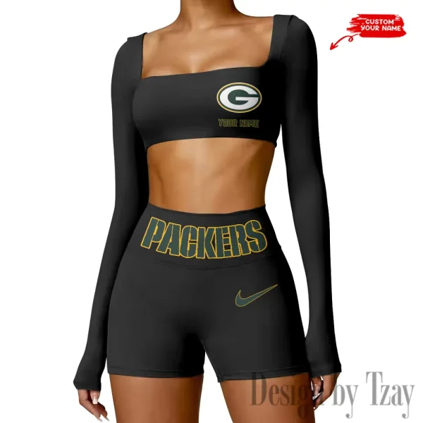 Green Bay Packers Women's Active Wear Set Long Sleeves Crop Top And High Waist Shorts SPTWAWS044 - Image 3
