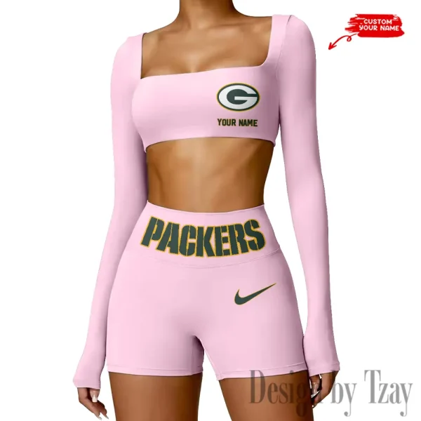 Green Bay Packers Women's Active Wear Set Long Sleeves Crop Top And High Waist Shorts SPTWAWS044 - Image 4