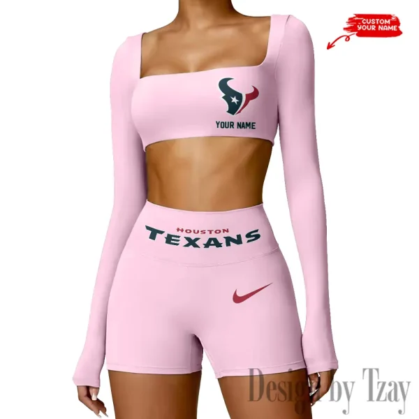 Houston Texans Women's Active Wear Set Long Sleeves Crop Top And High Waist Shorts SPTWAWS045 - Image 2