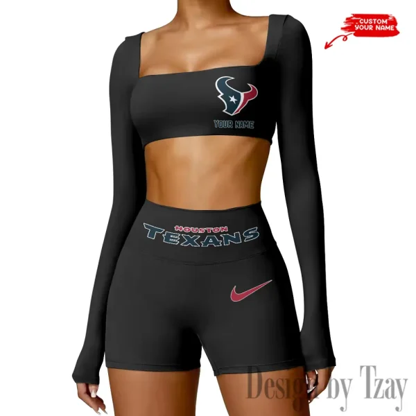 Houston Texans Women's Active Wear Set Long Sleeves Crop Top And High Waist Shorts SPTWAWS045 - Image 3