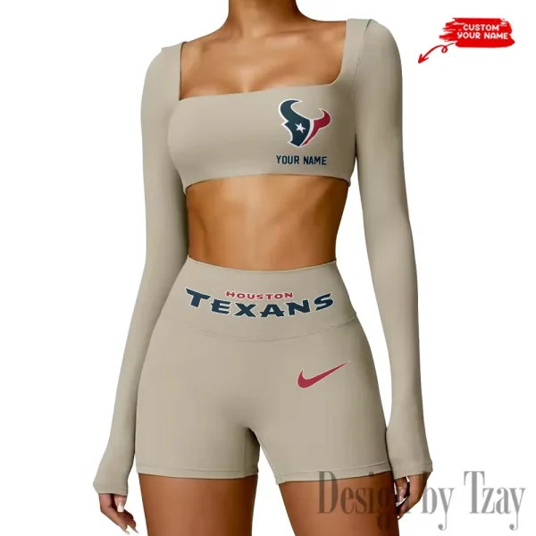 Houston Texans Women's Active Wear Set Long Sleeves Crop Top And High Waist Shorts SPTWAWS045 - Image 4