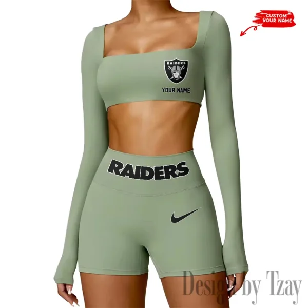 Las Vegas Raiders Women's Active Wear Set Long Sleeves Crop Top And High Waist Shorts SPTWAWS049