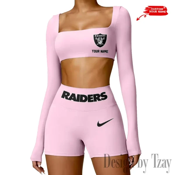 Las Vegas Raiders Women's Active Wear Set Long Sleeves Crop Top And High Waist Shorts SPTWAWS049 - Image 2