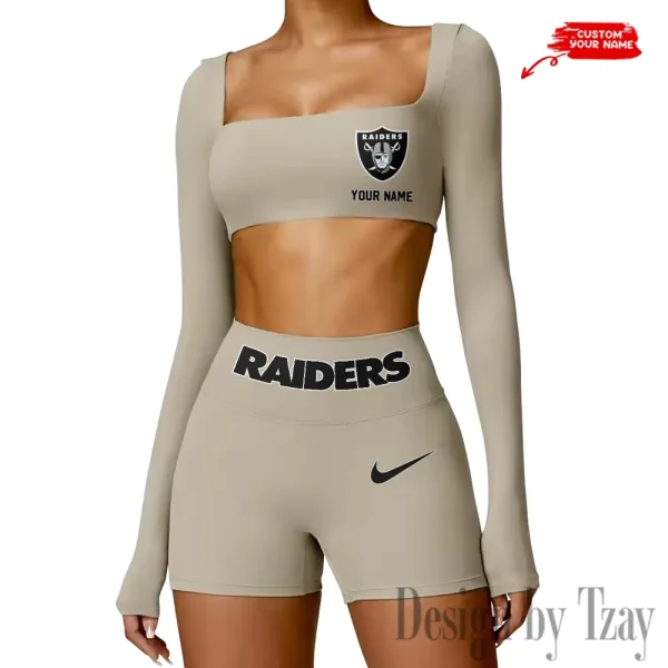 Las Vegas Raiders Women's Active Wear Set Long Sleeves Crop Top And High Waist Shorts SPTWAWS049 - Image 3