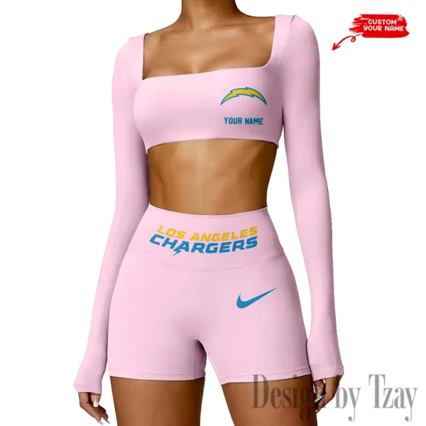 Los Angeles Chargers Women's Active Wear Set Long Sleeves Crop Top And High Waist Shorts SPTWAWS050 - Image 3