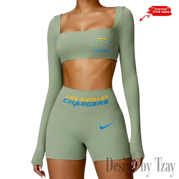 Los Angeles Chargers Women's Active Wear Set Long Sleeves Crop Top And High Waist Shorts SPTWAWS050 - Image 4