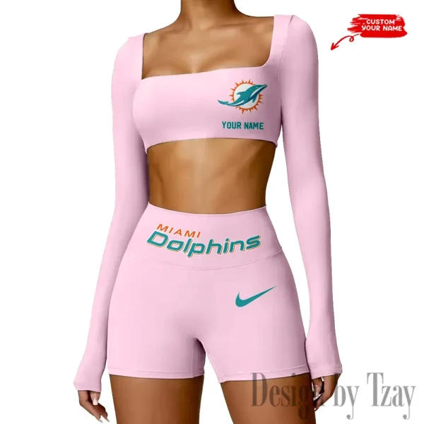 Miami Dolphins Women's Active Wear Set Long Sleeves Crop Top And High Waist Shorts SPTWAWS052