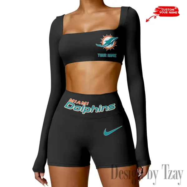 Miami Dolphins Women's Active Wear Set Long Sleeves Crop Top And High Waist Shorts SPTWAWS052 - Image 3