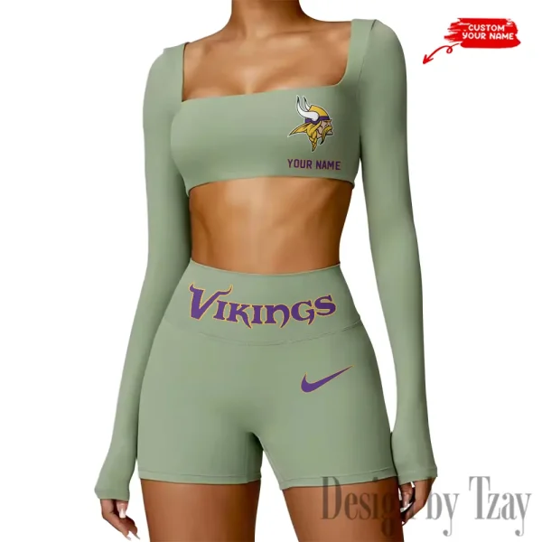 Minnesota Vikings Women's Active Wear Set Long Sleeves Crop Top And High Waist Shorts SPTWAWS053
