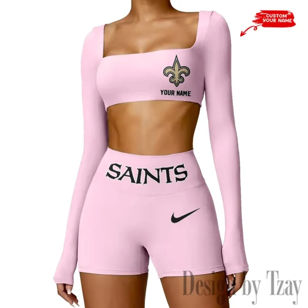New Orleans Saints Women's Active Wear Set Long Sleeves Crop Top And High Waist Shorts SPTWAWS055 - Image 2