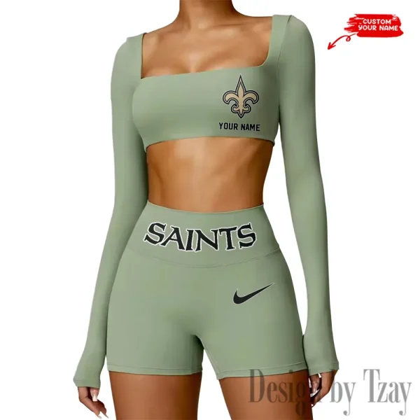 New Orleans Saints Women's Active Wear Set Long Sleeves Crop Top And High Waist Shorts SPTWAWS055 - Image 3