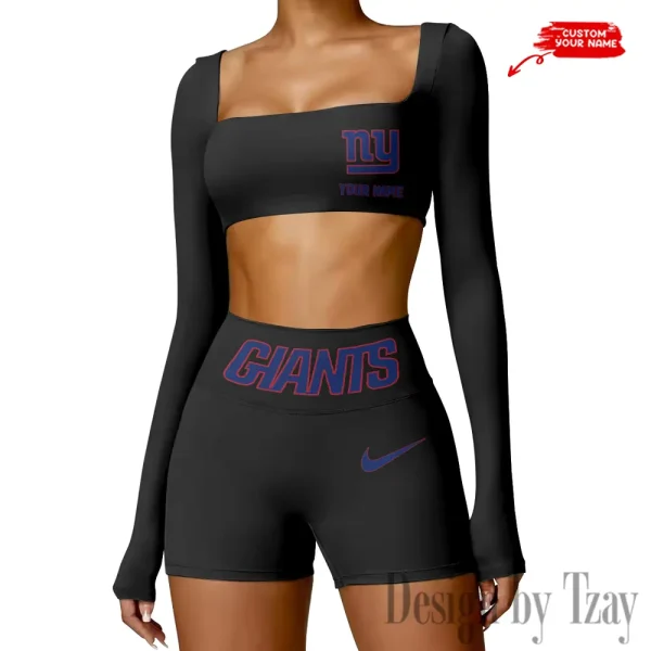 New York Giants Women's Active Wear Set Long Sleeves Crop Top And High Waist Shorts SPTWAWS056