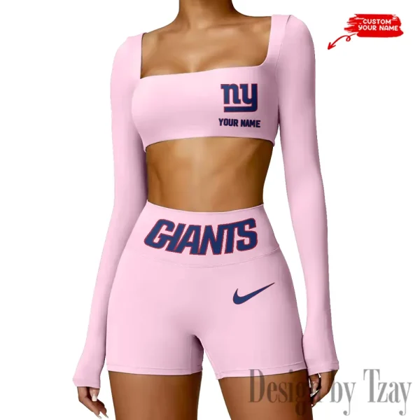 New York Giants Women's Active Wear Set Long Sleeves Crop Top And High Waist Shorts SPTWAWS056 - Image 2