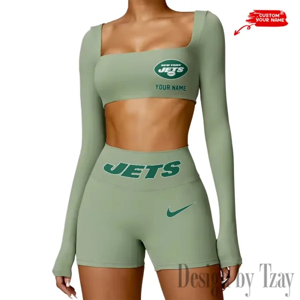 New York Jets Women's Active Wear Set Long Sleeves Crop Top And High Waist Shorts SPTWAWS057