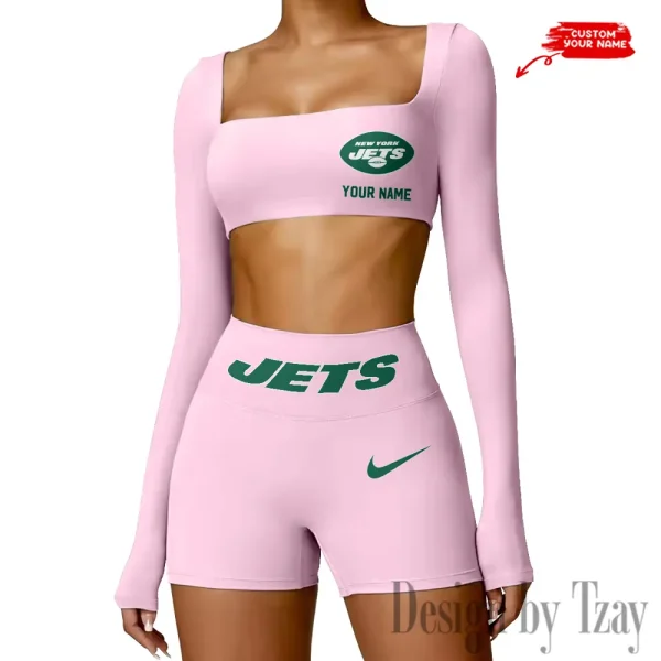 New York Jets Women's Active Wear Set Long Sleeves Crop Top And High Waist Shorts SPTWAWS057 - Image 2