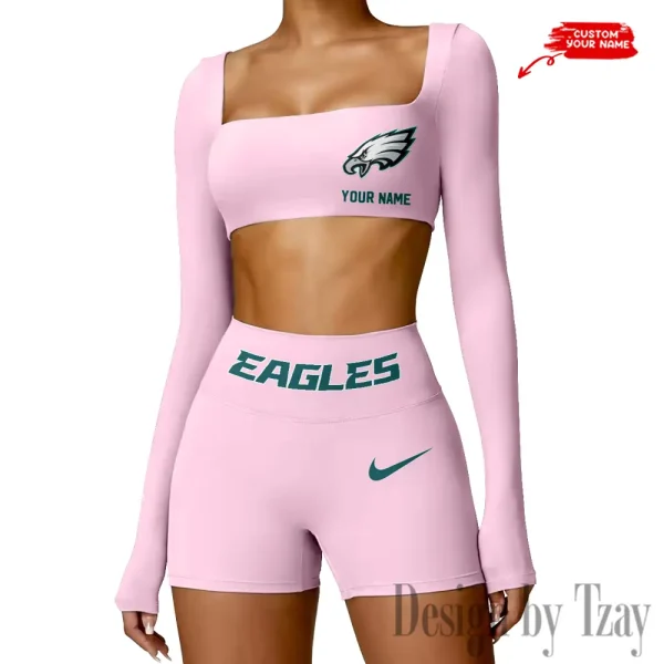 Philadelphia Eagles Women's Active Wear Set Long Sleeves Crop Top And High Waist Shorts SPTWAWS058 - Image 3