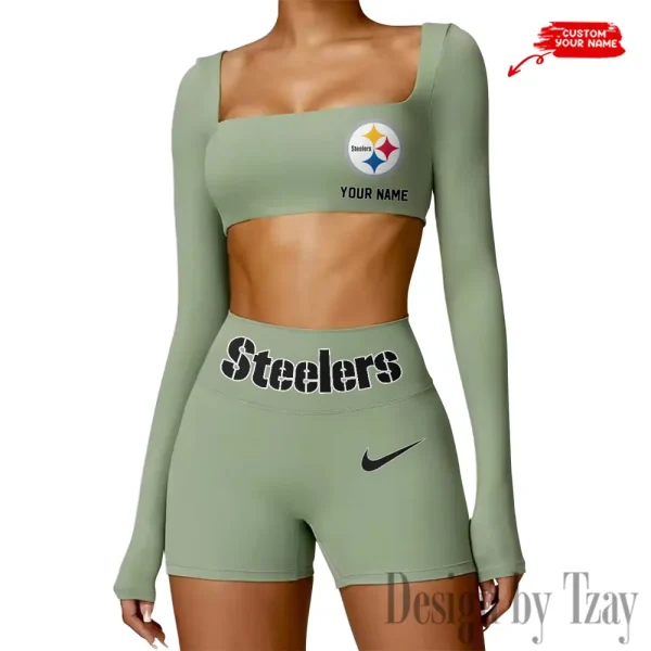 Pittsburgh Steelers Women's Active Wear Set Long Sleeves Crop Top And High Waist Shorts SPTWAWS059 - Image 2