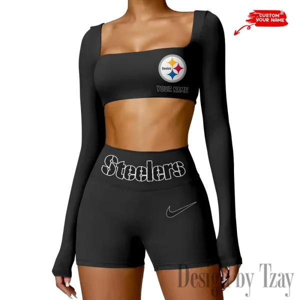 Pittsburgh Steelers Women's Active Wear Set Long Sleeves Crop Top And High Waist Shorts SPTWAWS059 - Image 4