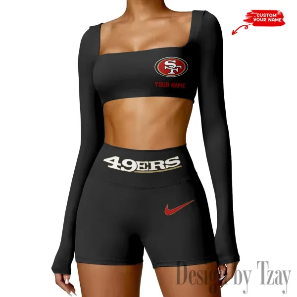 San Francisco 49ers Women's Active Wear Set Long Sleeves Crop Top And High Waist Shorts SPTWAWS060 - Image 2
