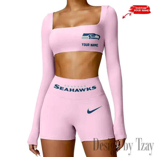 Seattle Seahawks Women's Active Wear Set Long Sleeves Crop Top And High Waist Shorts SPTWAWS061 - Image 2