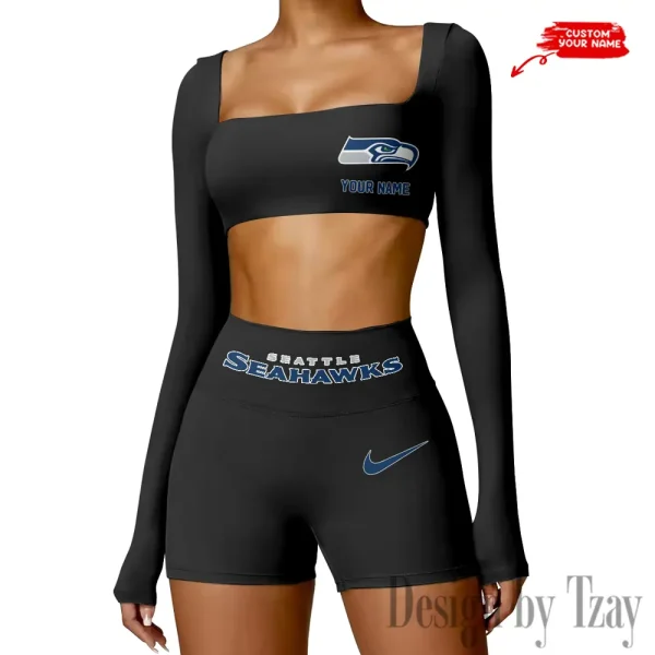 Seattle Seahawks Women's Active Wear Set Long Sleeves Crop Top And High Waist Shorts SPTWAWS061 - Image 3