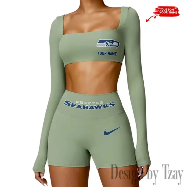 Seattle Seahawks Women's Active Wear Set Long Sleeves Crop Top And High Waist Shorts SPTWAWS061 - Image 4