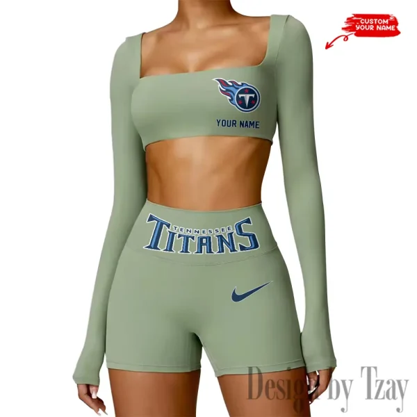 Tennessee Titans Women's Active Wear Set Long Sleeves Crop Top And High Waist Shorts SPTWAWS063 - Image 2