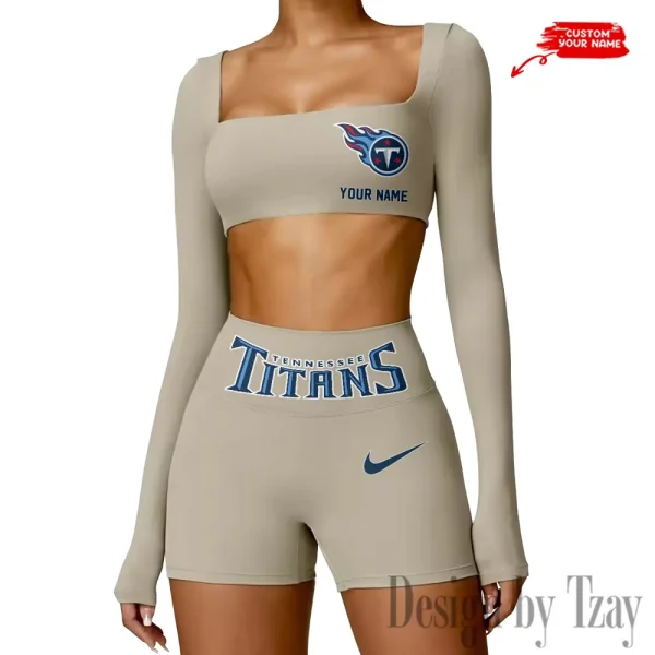 Tennessee Titans Women's Active Wear Set Long Sleeves Crop Top And High Waist Shorts SPTWAWS063 - Image 4