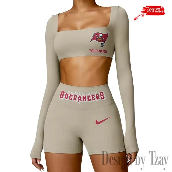 Tampa Bay Buccaneers Women's Active Wear Set Long Sleeves Crop Top And High Waist Shorts SPTWAWS064 - Image 2