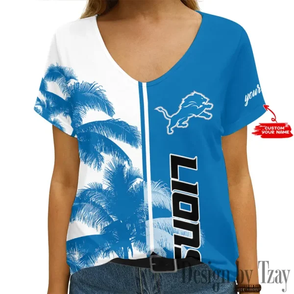Detroit Lions Girl Clothes Summer V-neck Short-sleeved Tees New 2025 AGCWTS1004