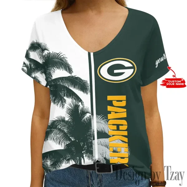 Green Bay Packers Girl Clothes Summer V-neck Short-sleeved Tees New 2025 AGCWTS1005