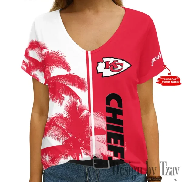Kansas City Chiefs Girl Clothes Summer V-neck Short-sleeved Tees New 2025 AGCWTS1007